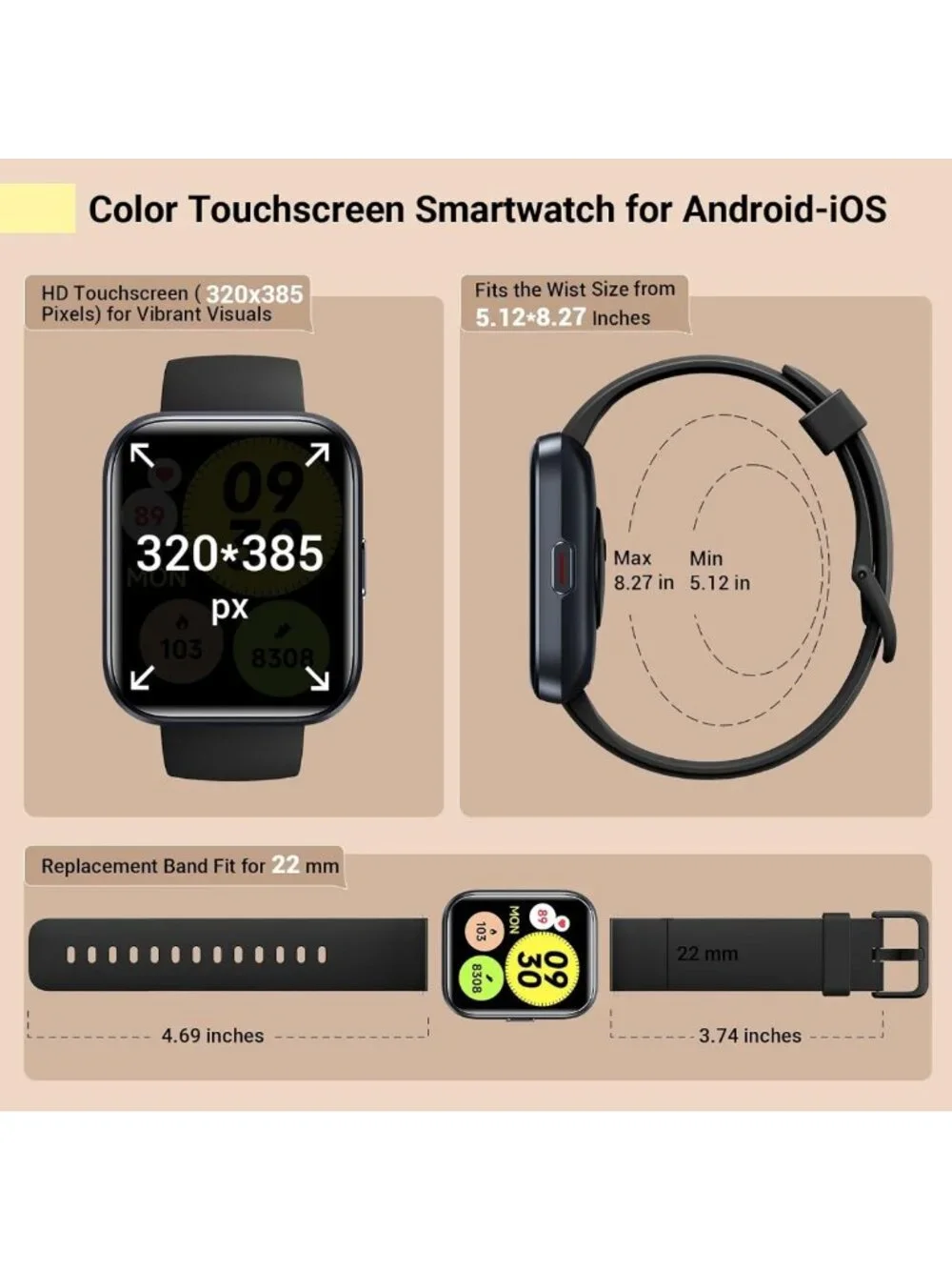 Stylish 1.8'' Fitness Tracker Smartwatch for All, Waterproof, Heart Rate